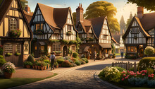 Charming Medieval Street In Old Town. Picturesque Countryside. Old Cozy Tudor Half-timbered House Cottages. Amazing Digital Illustration. CG Artwork Background
