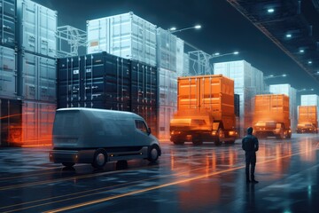 Wall Mural - A businessman looking at the virtual interface panel of the global logistics network for distribution and transportation, Smart Logistics. Generative AI