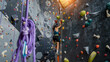 Strong woman on artificial climbing wall with colorful grips and ropes