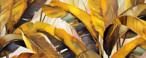 Wall Mural - Exotic palm leaves in bright yellow-gold, for texture background photo wallpaper. Wallpaper pattern painted in watercolour. Generative AI illustration.	