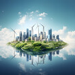 Renewable energy wind turbines with green and environmental purity for cities and people. Sustainable solutions, battery storage sites, wind turbines and a megacity with skyscrapers, Generative Ai