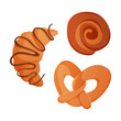 © roroiisha - Homemade baked french croissant, german pretzel, bun, pastry products. Pastries from the dough.Baking, bakery shop, cooking, sweet products, dessert.Vector for poster, banner, menu, cover, advertising