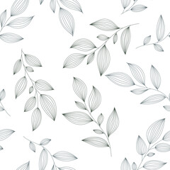 Leaf and twig thin line outline. Beautiful botanical seamless pattern of contour leaves