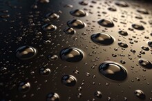 A Drops Of Water Close-up On A Metal Surface. Dark Background. Generative AI 