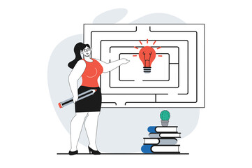 Poster - Finding solution concept with people scene in flat design for web. Woman finds route in labyrinth, creating and searching opportunity. Illustration for social media banner, marketing material.