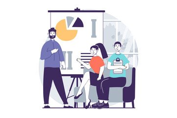 Poster - Focus group concept with people scene in flat design for web. Teamwork of colleagues at meeting, discussion of presentation with trend. Illustration for social media banner, marketing material.