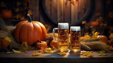 two big glass mugs of beer and pumpkin composition. octoberfest and halloween holidays