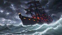 Halloween Ghost Ship In Stormy Sea. Generative AI