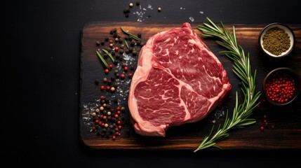 Raw rib eye steak, beef marbled meat on wooden board with rosemary. Generative AI