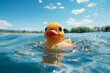Playful rubber duck floats on blue water, adorned with sparkling droplets Generative AI