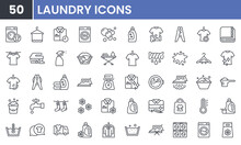Laundry And Wash Vector Line Icon Set. Contains Linear Outline Icons Like Washer, Detergent, Clean, Machine, Dryer, Shirt, Iron, Hanger, Clothes, Softener. Editable Use And Stroke.