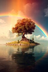 Wall Mural - A tree in the middle of a body of water with rainbow. Generative AI
