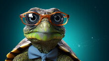 Cute Little Green Turtle With Glasses In Front Of Studio Background, Generative Ai