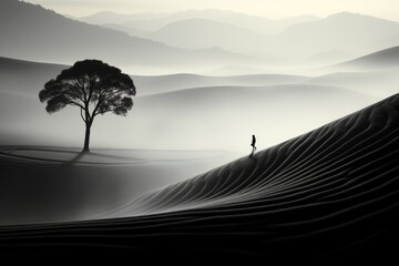 Wall Mural - Paysage en noir et blanc, paisible et calme avec des dunes et un arbre, ia