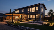 A Night Time Exterior Shot Of A Smart Home, Showcasing The Illumination Of Smart Outdoor Lighting And Security Features. Focus On The Glow And Spread Of Light, And The Textural Details Of The Architec