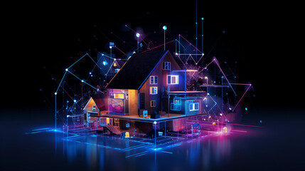 Wall Mural - An abstract geometric interpretation of a smart home, composed of vibrant, low - poly designs and flat 2D graphics. Imagine the Wi - Fi signals, electrical lines, and data connections as neon blue lin