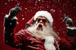 © photobuay - Rockin' Santa Claus Waist-Up Portrait of a Cool Santa Roaring with Snowfall on a Vibrant Red Background. created with Generative AI