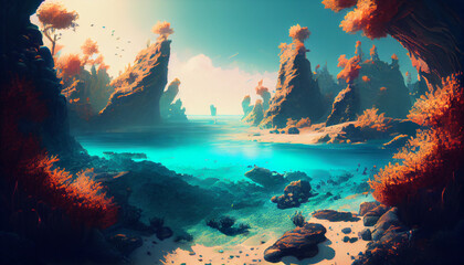 Wall Mural - Suoer Realistic Marine landscape under the sunlight, created with AI tool