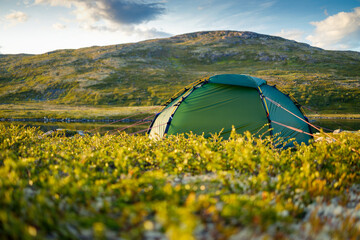 green tent on the background of norwegian nature in focus, the background is blurred.