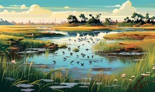  A Painting Of Birds Flying Over A Pond In A Marsh.  Generative Ai