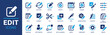 Edit tool icon set. Containing editor, create, adjust, note, compose, revision, cut, duplicate, pen and document icons. Solid icon collection. Vector illustration.
