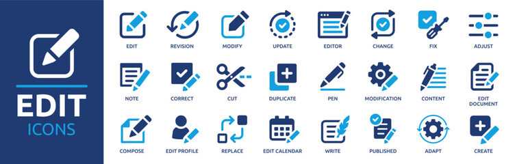 edit tool icon set. containing editor, create, adjust, note, compose, revision, cut, duplicate, pen 