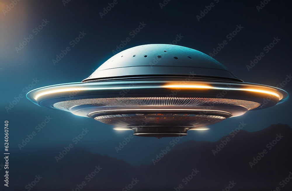 UFO flying over planet Earth, mountain. starry night sky background. saucer flies at night in sky. Invasion of extraterrestrial intelligence on an intergalactic ship. Alien abduction. Generative AI