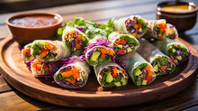A Plate Of Colorful And Refreshing Summer Rolls, Filled With Fresh Vegetables And Served With Peanut Dipping Sauce
