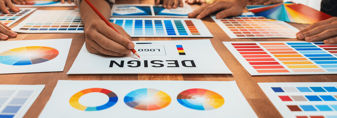 Aufkleber - Graphic designer brainstorm logo and graphic art at busy creative studio workshop. Experiment and brainstorm color palette and pattern at workspace table for creative design. Panorama shot. Scrutinize