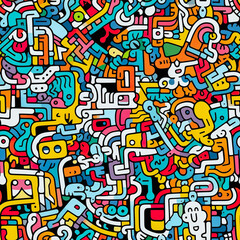 Colorful retro cartoon doodle seamless pattern illustration. Vintage style happy face sticker background. Generative AI