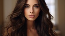 Beautiful Brunette With Brown Lipstick On Her Lips. Pretty Girl With Long Brown Hair. Closeup Portrait Of A Brunette Young Woman With Generative Ai
