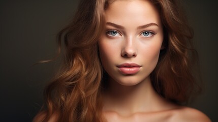 Wall Mural - serene gaze: a captivating portrait of a young woman with auburn waves and striking blue eyes, her s