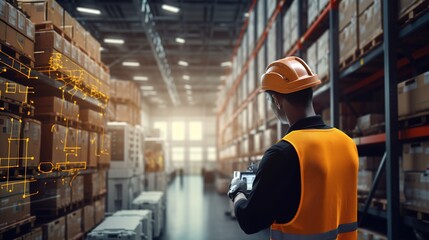 Poster - Engineer check and control automation robot arms machine in modern warehouse industrial on real time monitoring system software. product inspection robotics. Network. Logistics, with generative ai