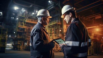 Wall Mural - Heavy-duty industrial engineers stand in a pipeline manufacturing facility using digital tablet computers for the construction of products to transport oil, gas and fuel with generative ai