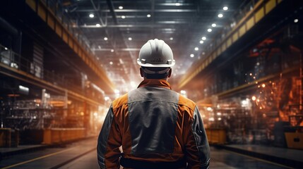 Poster - Industrial Engineer in Hard Hat Wearing Safety Jacket Walks Through Heavy Industry Manufacturing Factory with Various Metalworking Processes
