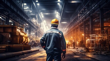 Poster - Industrial Engineer in Hard Hat Wearing Safety Jacket Walks Through Heavy Industry Manufacturing Factory with Various Metalworking Processes with generative ai