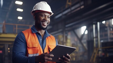 Poster - Professional Heavy Industry Engineer Worker Wearing Safety Uniform and Hard Hat Uses Tablet Computer. Smiling African American Industrial Specialist Walking in a Metal Construction with generative ai 