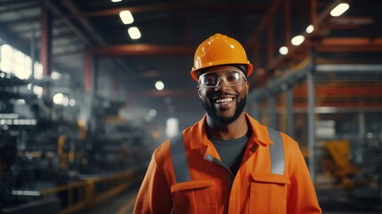 Poster - Professional Heavy Industry Engineer Worker Wearing Safety Uniform and Hard Hat Uses Tablet Computer. Smiling African American Industrial Specialist Walking in a Metal Construction with generative ai 