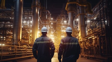 Poster - Engineers Discuss in an Oil Manufacturing Factory. Pipeline construction for oil, gas and fuels. Back view