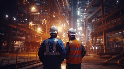 Poster - Engineers Discuss in an Oil Manufacturing Factory. Pipeline construction for oil, gas and fuels. Back view