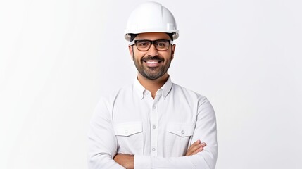 Waist up portrait of Middle-Eastern engineer wearing hardhat posing against white background holding tablet, copy space with generative ai