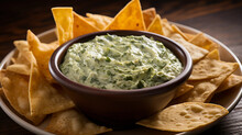 A Bowl Of Creamy And Cheesy Spinach Artichoke Dip, Served With Crispy Tortilla Chips