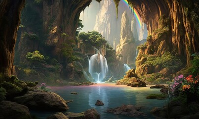   a painting of a waterfall with a rainbow in the background.  generative ai