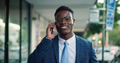 Poster - City, business phone call and happy black man talking on work consultation, communication or urban discussion. Smartphone, smile and African person speaking, consulting or chat on mobile conversation