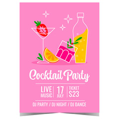 Summer party poster with cocktails on the background. Vector illustration of summer beach party banner or invitation to celebrate vacation season with tropical exotic drinks and fruit smoothie.