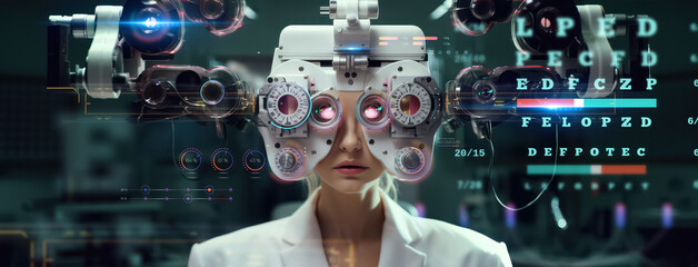 Wall Mural - doctor at a optical clinic with futuristic ophthalmoscope equipment performing eye test and vision cure research as wide banner with copy space area - Generative Ai