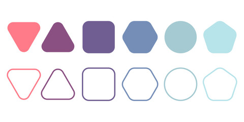 Poster - Rounded shape set. Line and flat shape elements. Colorful, pastel purple, blue polygons. Triangle, square, circle, pentagon, hexagon.