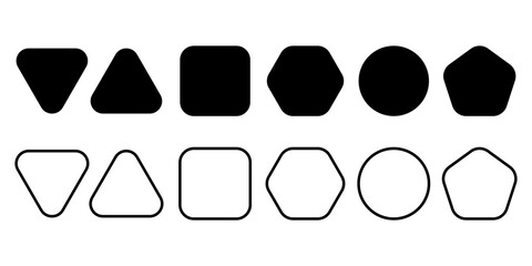 Poster - Rounded shape set. Line and flat shape elements. Black polygons. Triangle, square, circle, pentagon, hexagon.