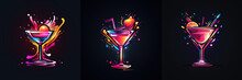Pack Of 3 Neon Cocktail Logo, Black Background