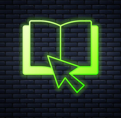 Poster - Glowing neon Online book icon isolated on brick wall background. Internet education concept, e-learning resources, distant online courses. Vector